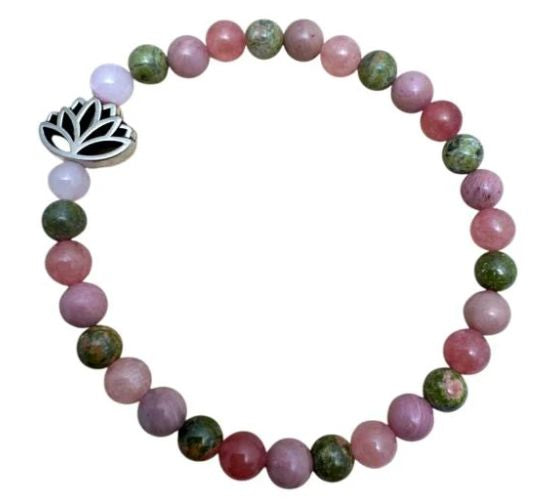 Unakite & Rhodonite w/Lotus Charm bead bracelet
